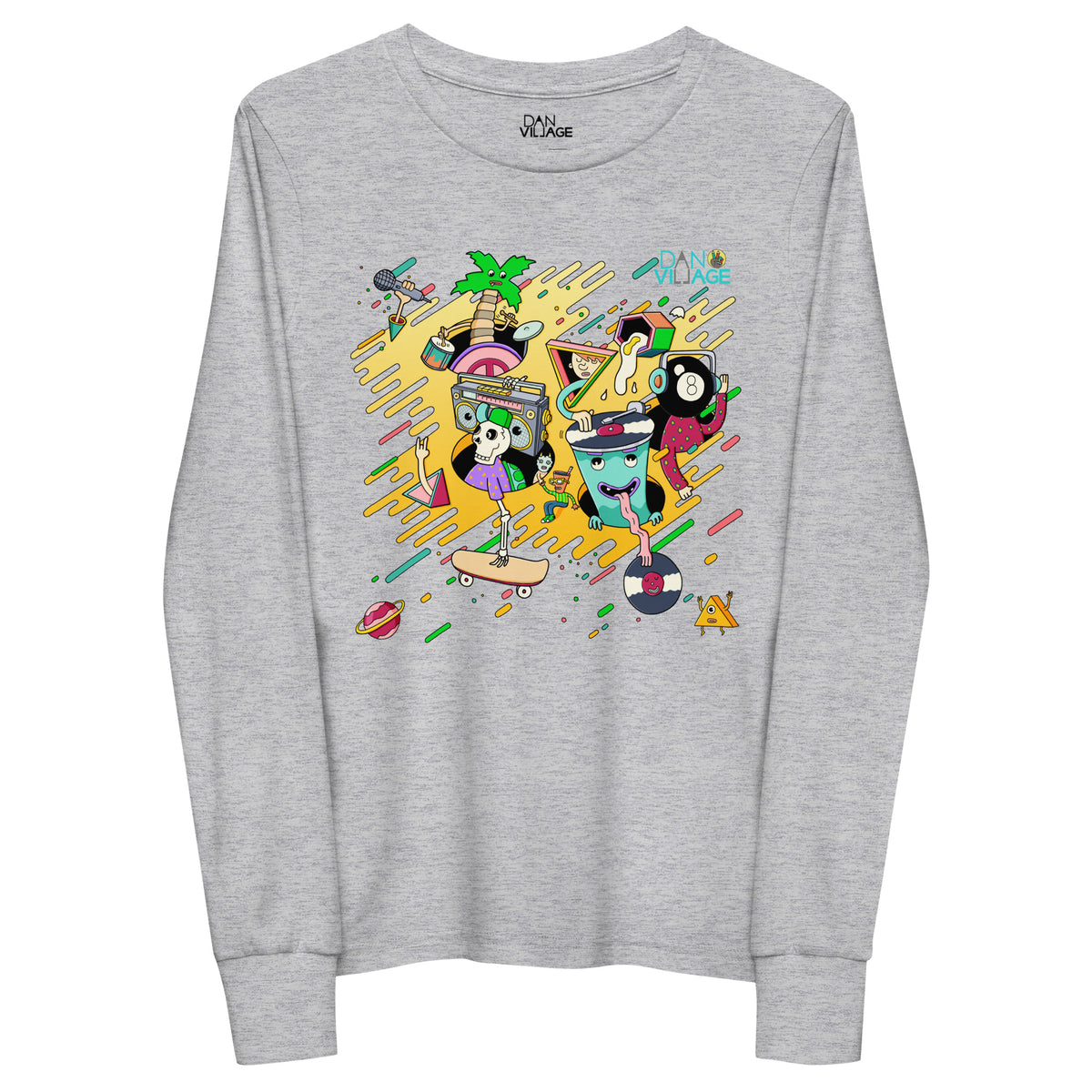 Illustrated skate and music long sleeve shirt for young producers and skaters