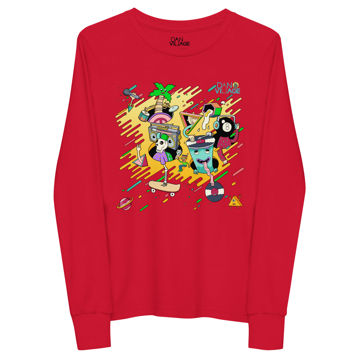 Hand-drawn vinyl illustration on a youth long sleeve tee by Daniel Sulzberg
