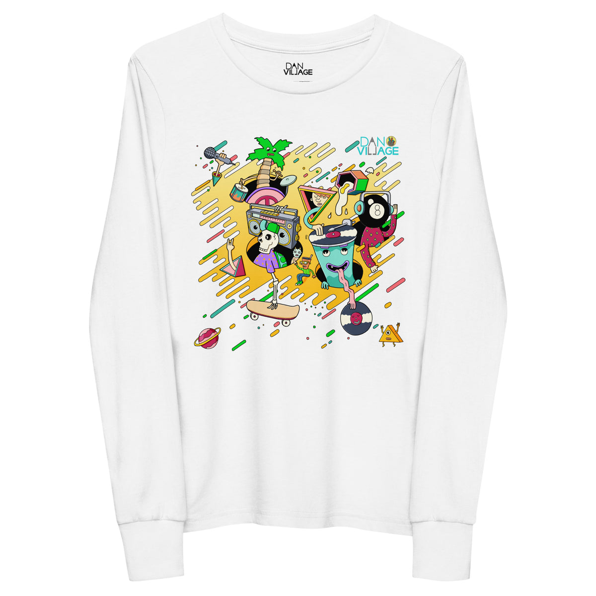 Bright Danvillage character artwork on an illustrated long sleeve kids t-shirt
