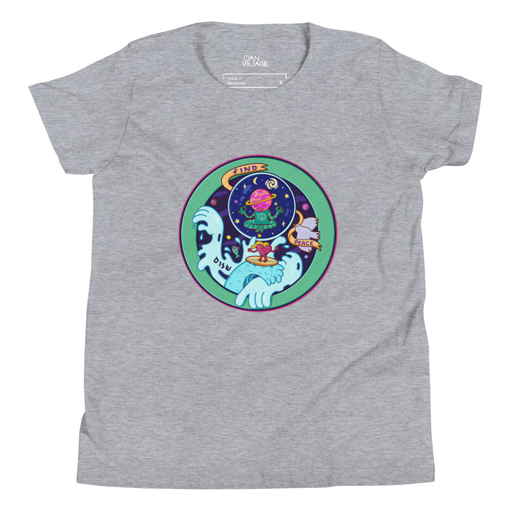 Original illustrated peace lettering on a bright everyday kids t-shirt