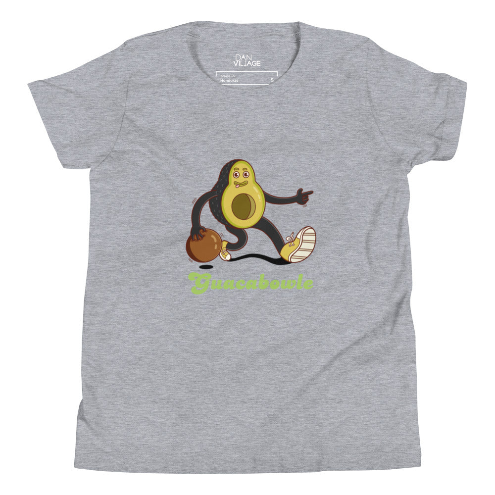 Illustrated pun t-shirt for kids, featuring an avocado bowling with its own pit