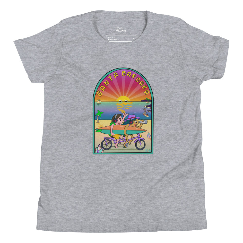 Bright Danvillage style beach artwork on a Santa Barbara youth graphic tee