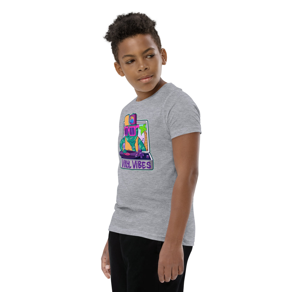 Illustrated record player design, printed on a graphic t-shirt for kids