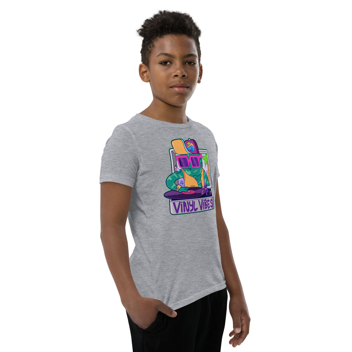 Illustrated youth tee featuring a retro record player graphic by illustrator Daniel Sulzberg