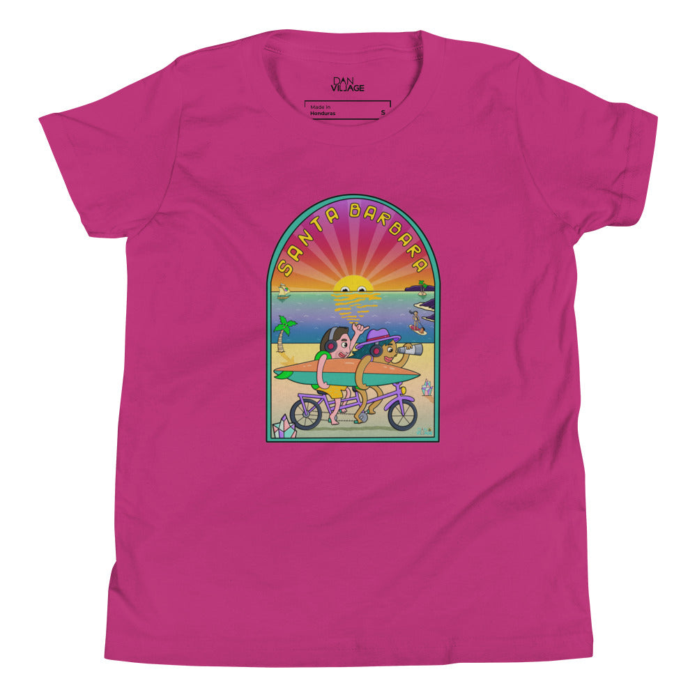 Colourful surf, sunset and beach cruiser artwork on an illustrated kids t-shirt