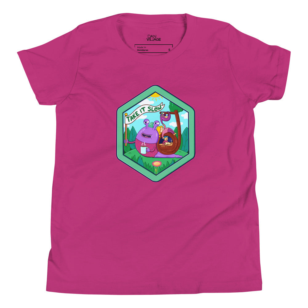 Original sloth and snail character artwork on a soft illustrated kids t-shirt