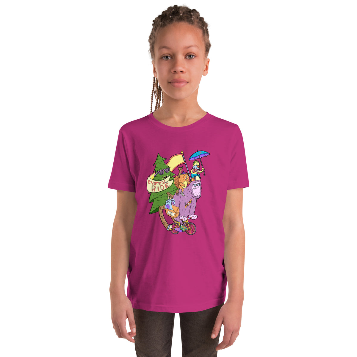 Original bigfoot on a bicycle illustration on a youth-sized graphic t-shirt