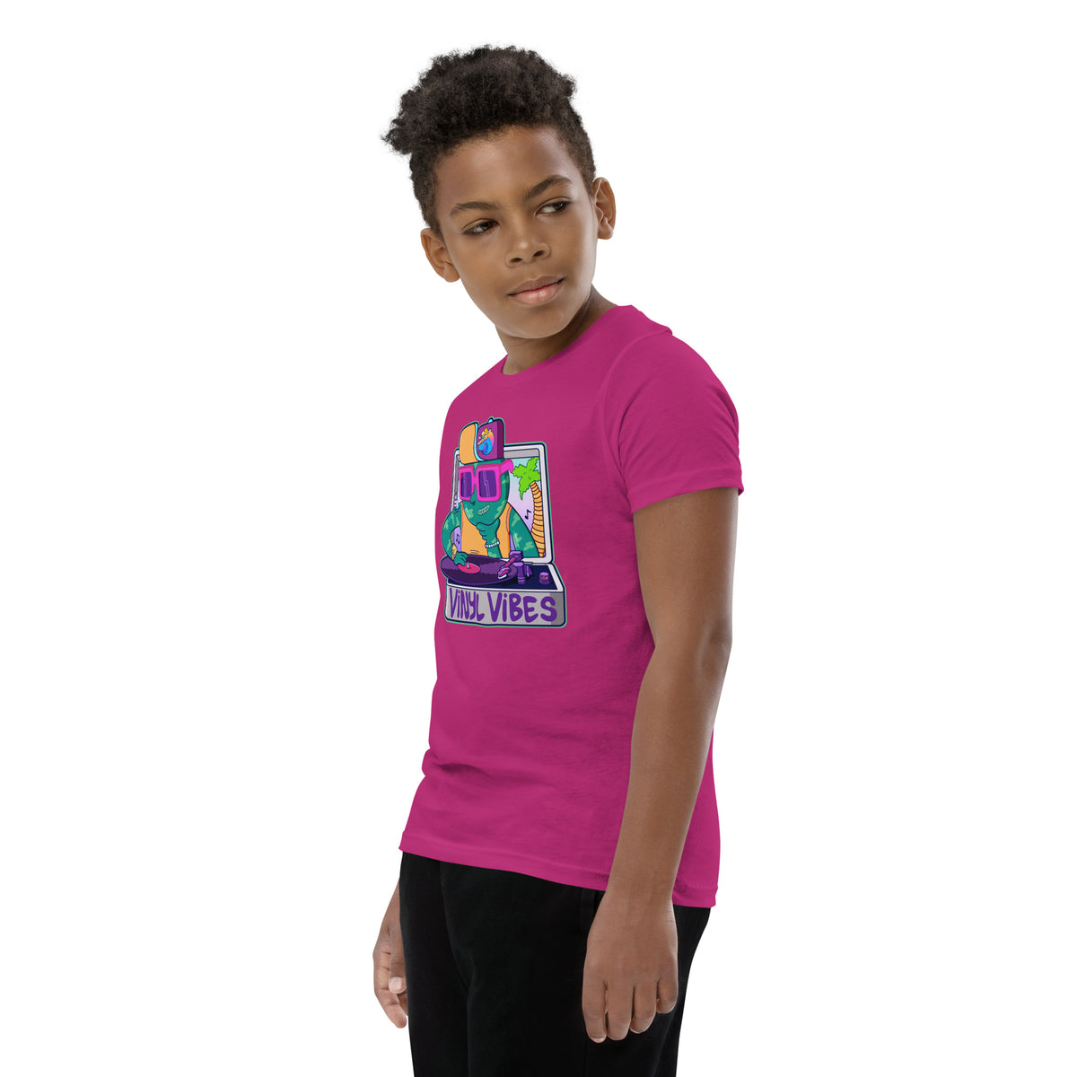 Vinyl Vibes artwork on an illustrated youth tee for kids raised on records