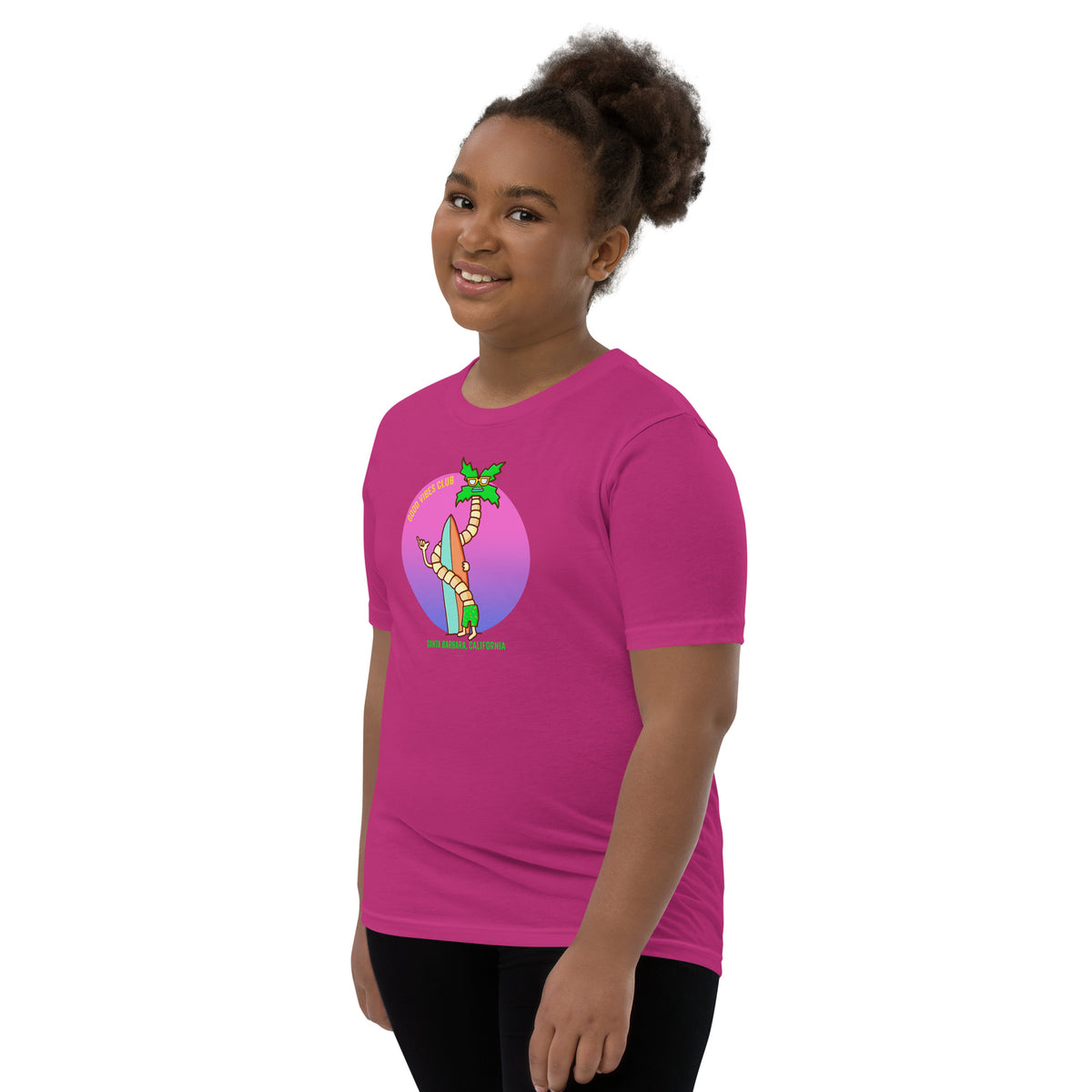 Hand-drawn California surf scene on an illustrated kids graphic tee