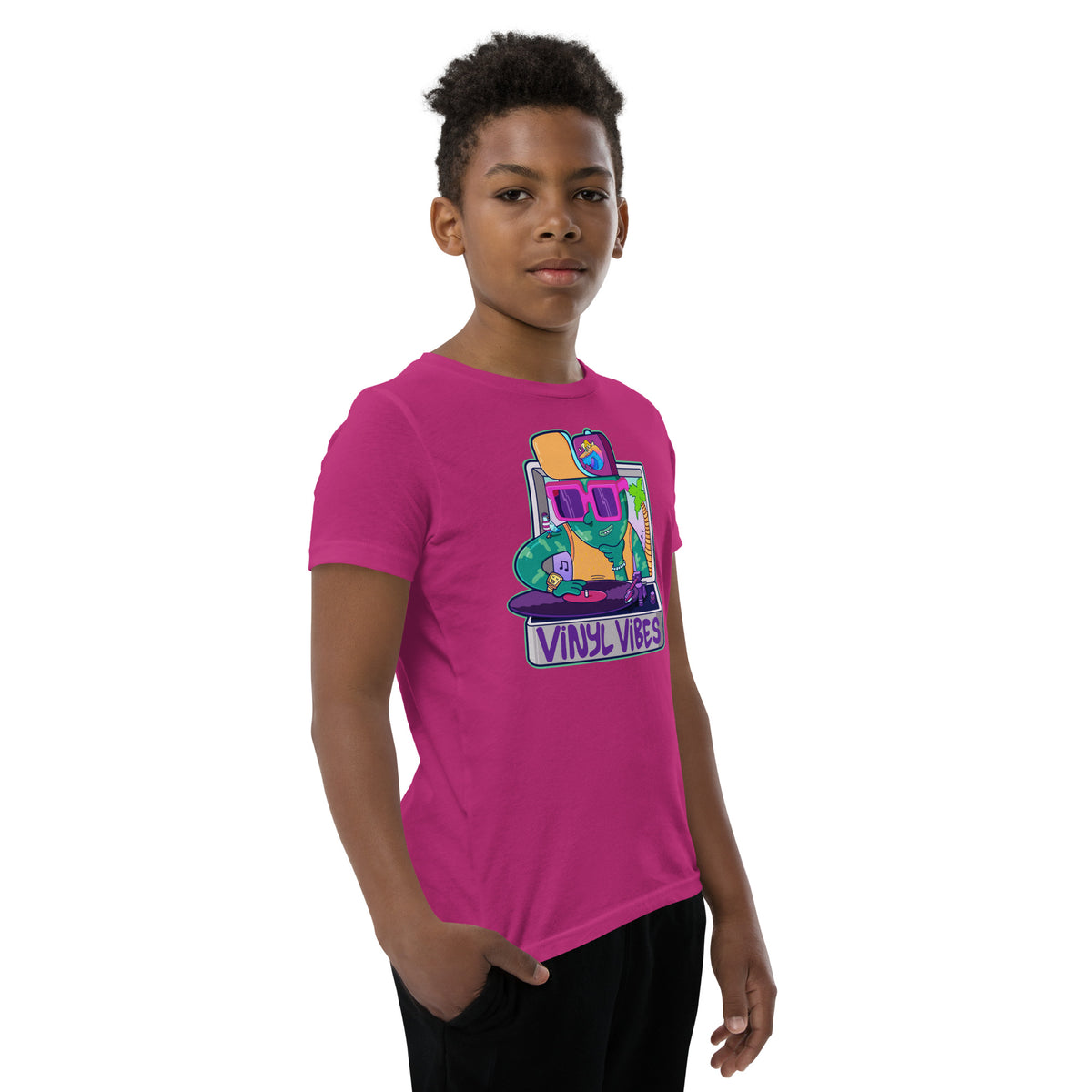 Original illustrated youth t-shirt built around a hand-drawn record player illustration by illustrator Daniel Sulzberg