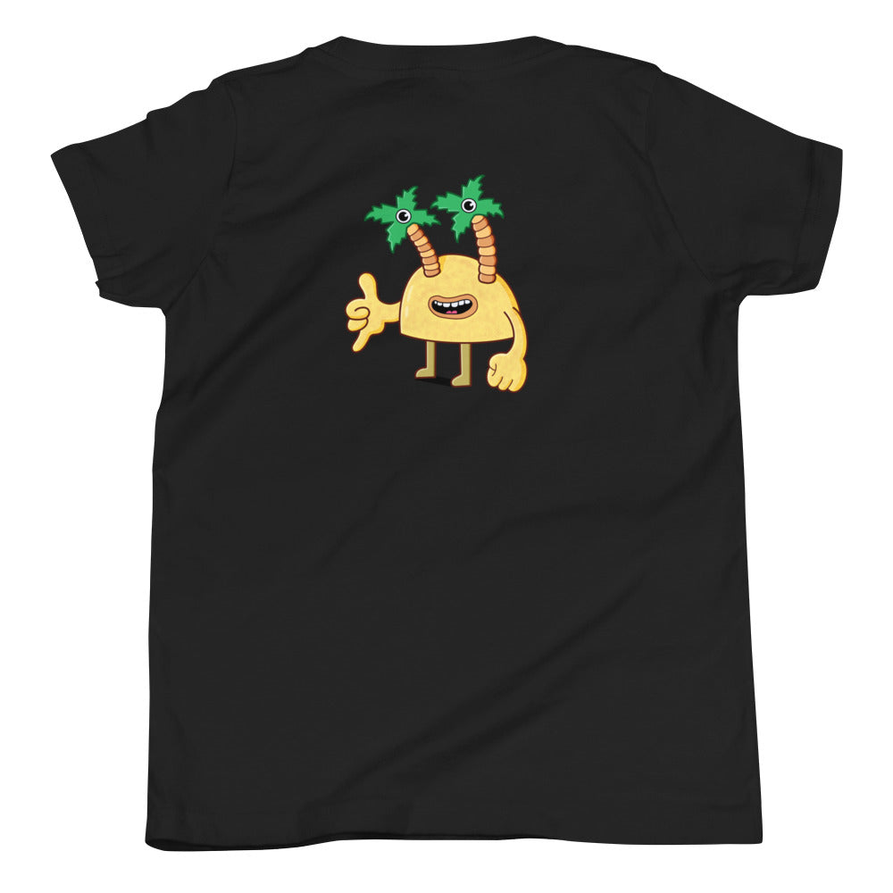 Hand-drawn character logo artwork on a bright youth graphic t-shirt by Danvillage Art Lab