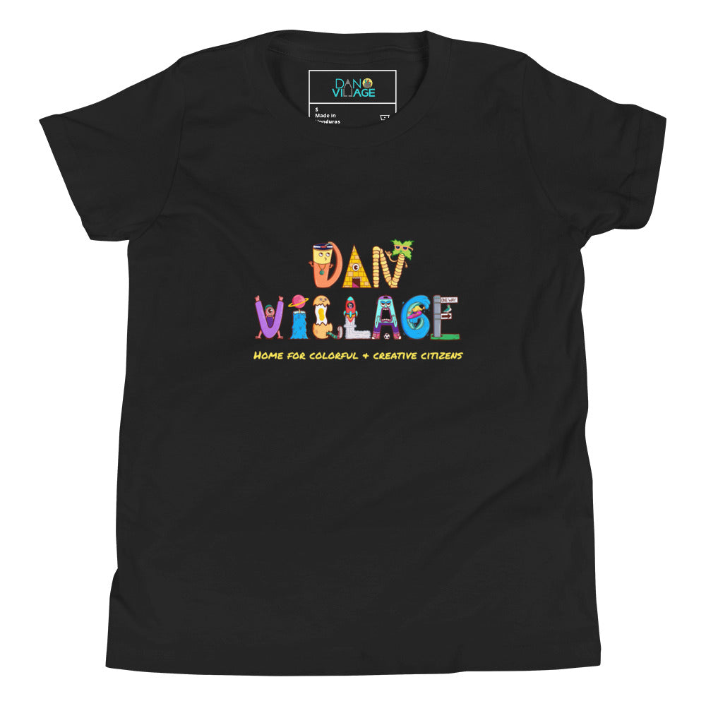 Gift for creative kids and teens, an illustrated Danvillage character logo youth tee