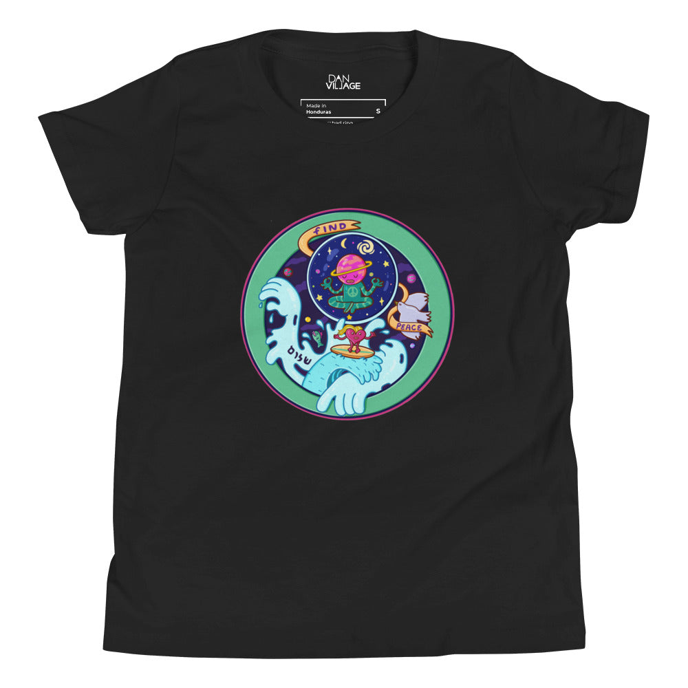 Gift for kids, an illustrated Find Peace youth t-shirt from Danvillage Art Lab