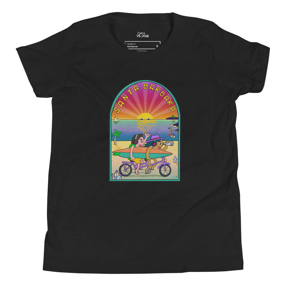 Hand-drawn California coast artwork on a bright illustrated youth graphic t-shirt