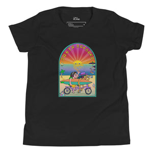 Santa Barbara Life California Sunset bikes Surfing ocean and beach happy bright  Youth Short Sleeve T-Shirt