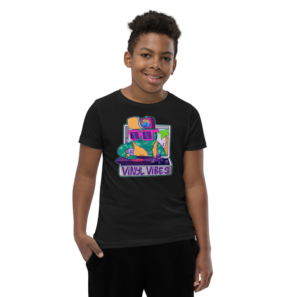 Gift-ready youth t-shirt for kids raised on records, featuring a bold turntable design