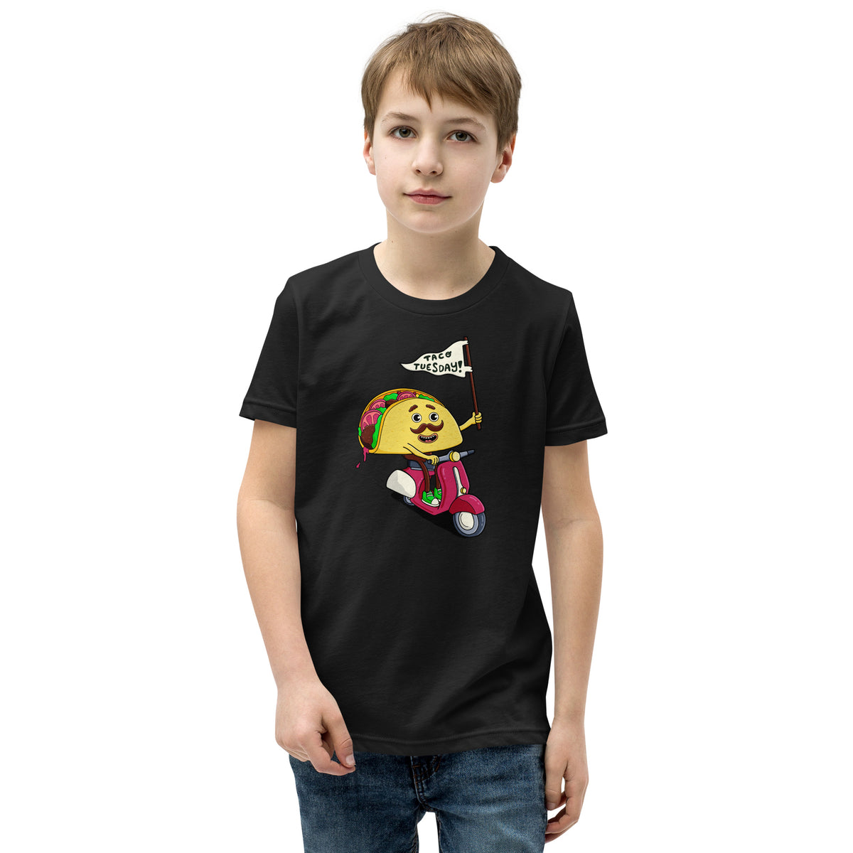 Gift-ready illustrated youth tee for young food fans, featuring a hand-drawn taco illustration