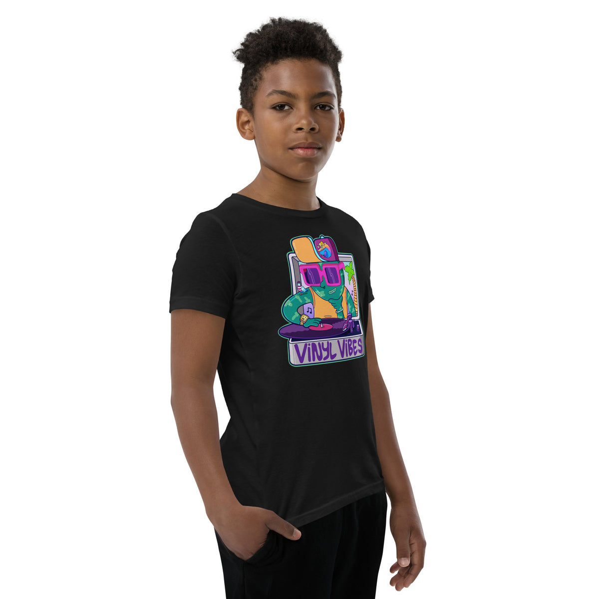 Vinyl Vibes youth t-shirt, an original hand-drawn record player illustration