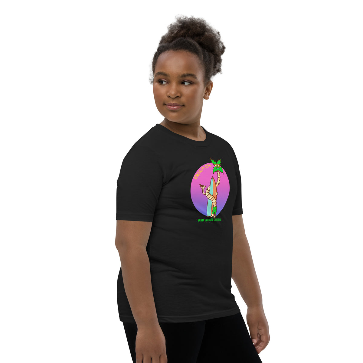 Hand-drawn palm tree and surf artwork on a bright California kids t-shirt