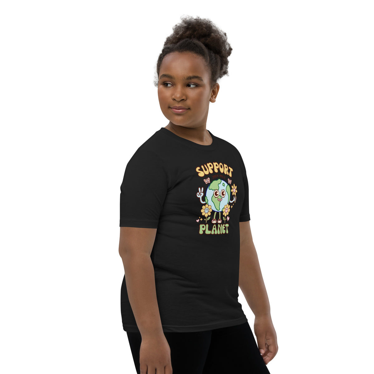 Illustrated happy planet graphic t-shirt in youth sizes for eco-minded kids