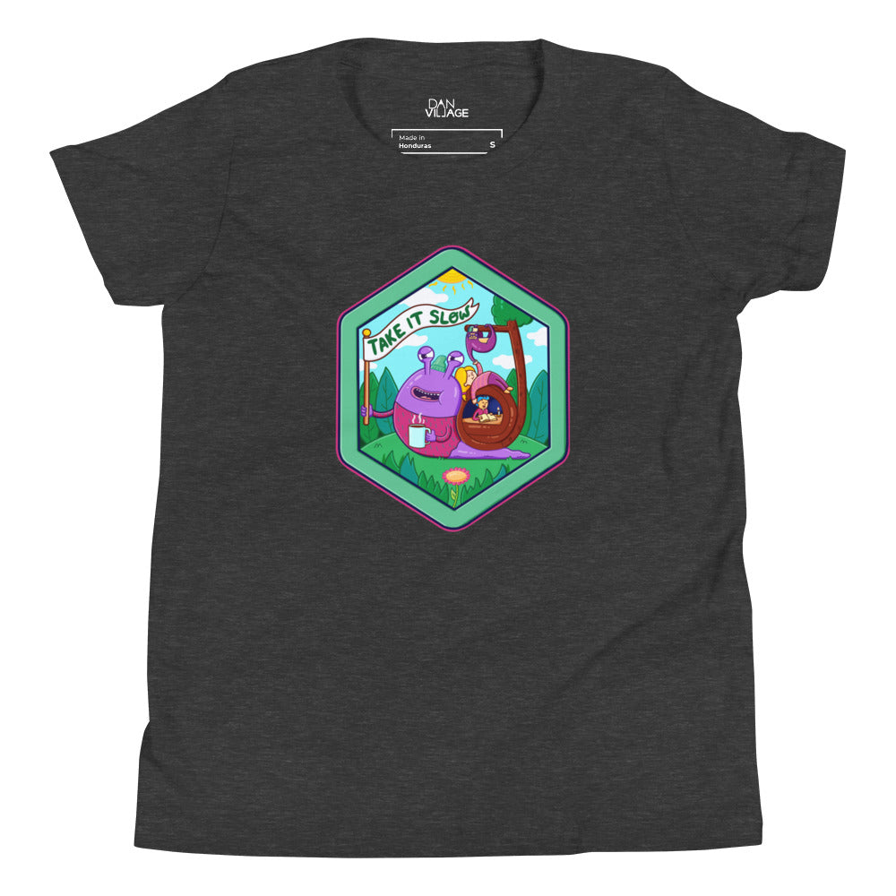 Illustrated youth tee by Danvillage Art Lab for kids who like sloths and taking their time