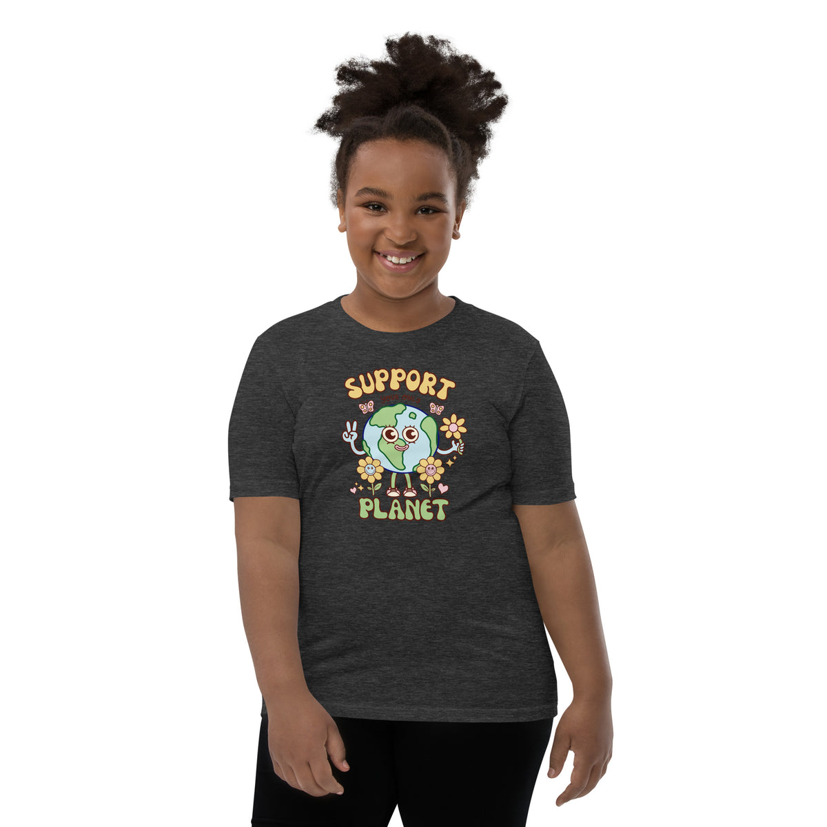 Hand-drawn planet illustration on a youth-sized graphic t-shirt for kids