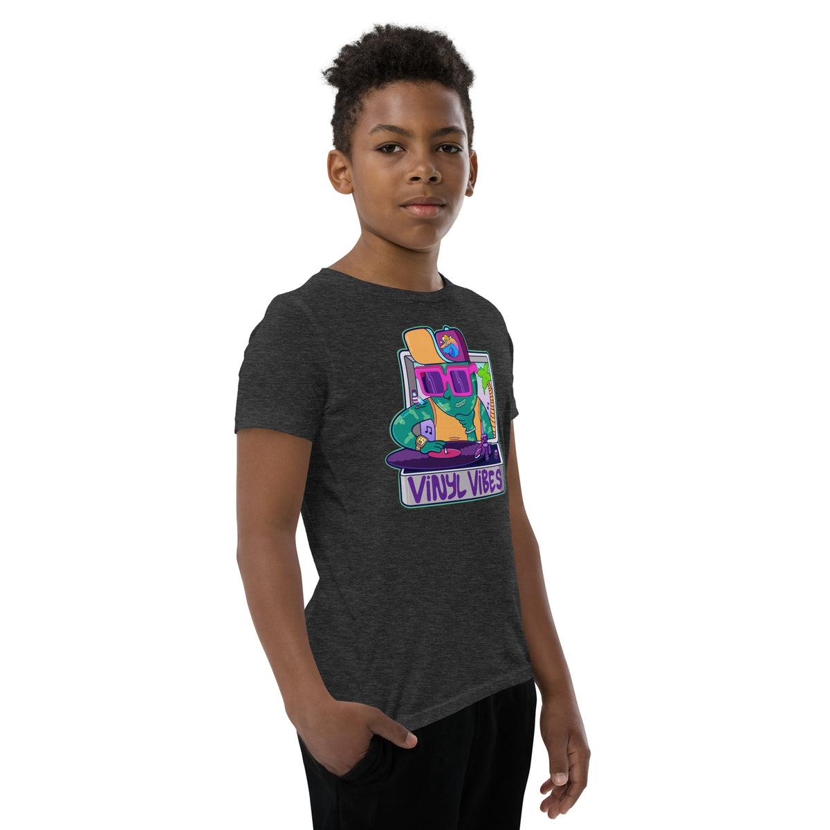 Hand-drawn record player illustration, printed on a graphic t-shirt for kids