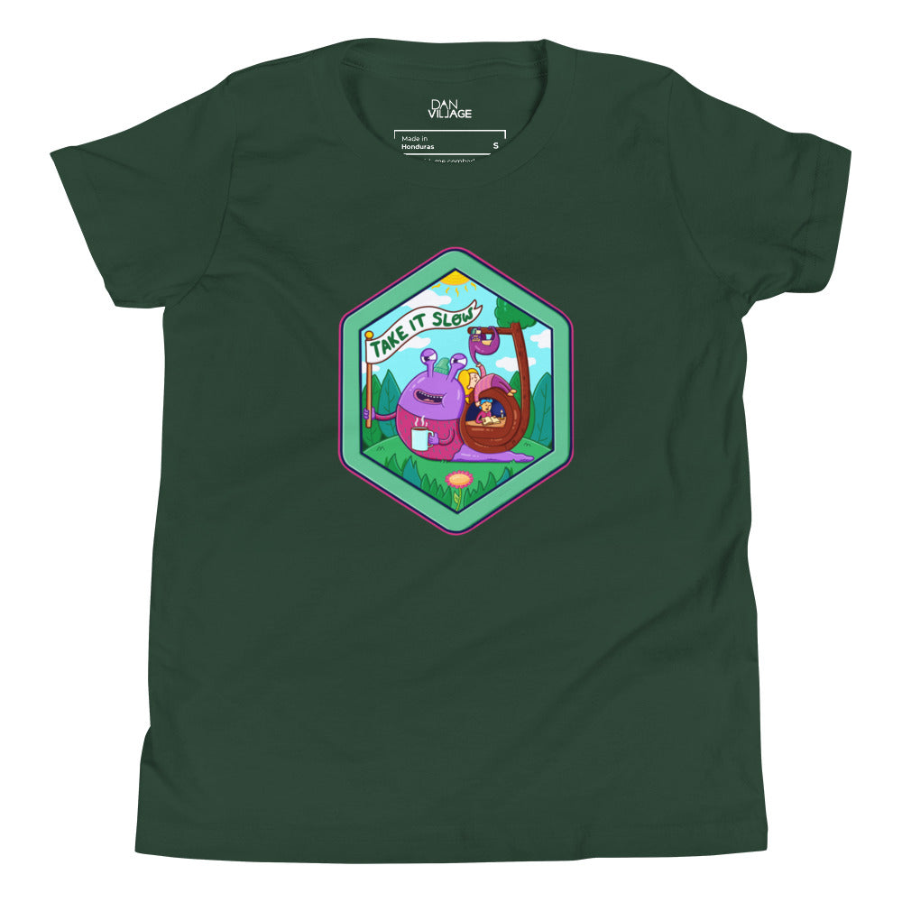 Cute mindful youth t-shirt with original hand-drawn sloth and snail characters