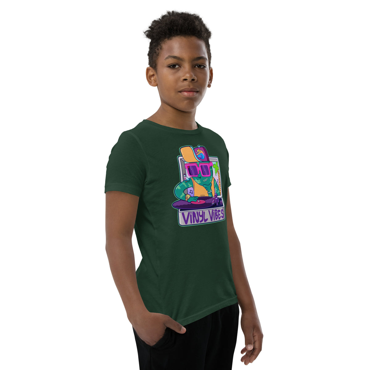 Kids music tee featuring a retro record player graphic by Danvillage Art Lab