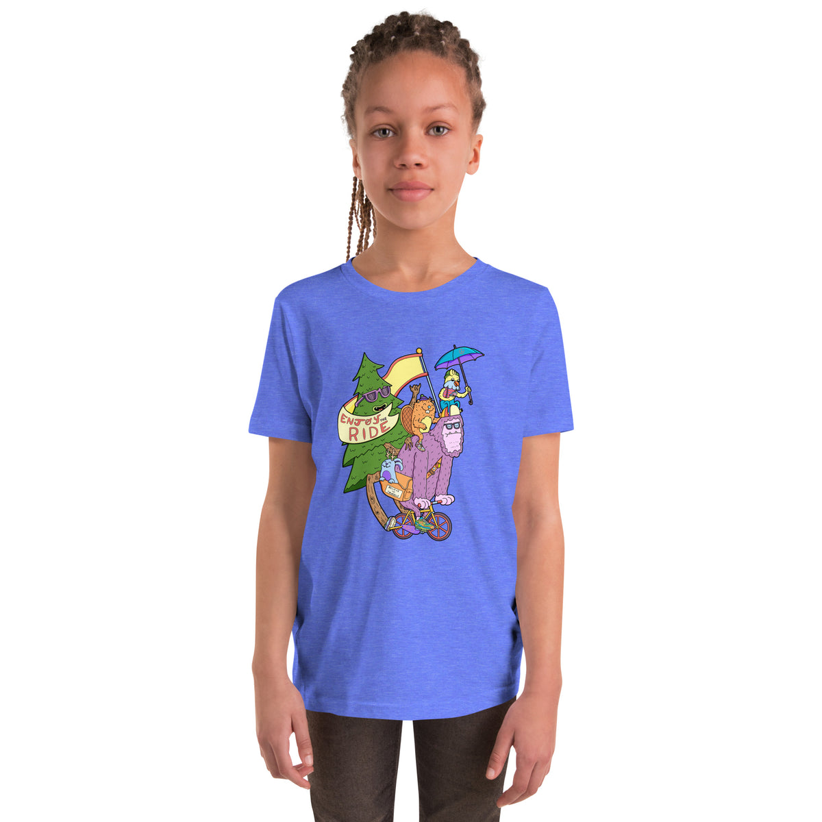 Funny illustrated bike t-shirt for kids with a cheerful hairy cyclist on it
