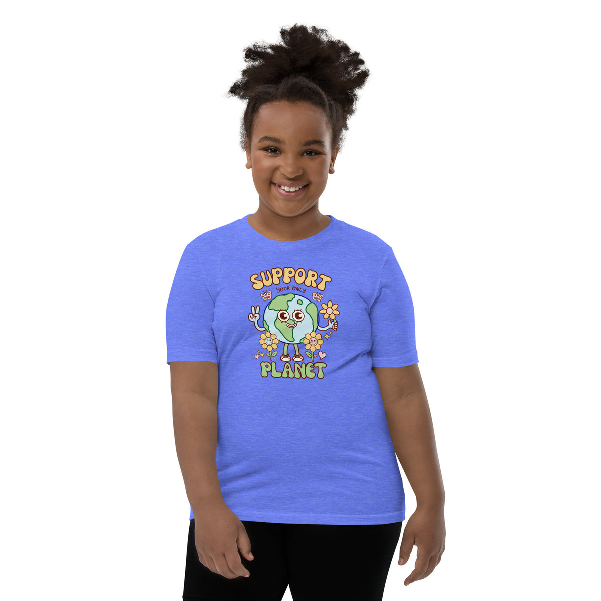 Illustrated eco-minded youth t-shirt with a friendly cartoon planet design