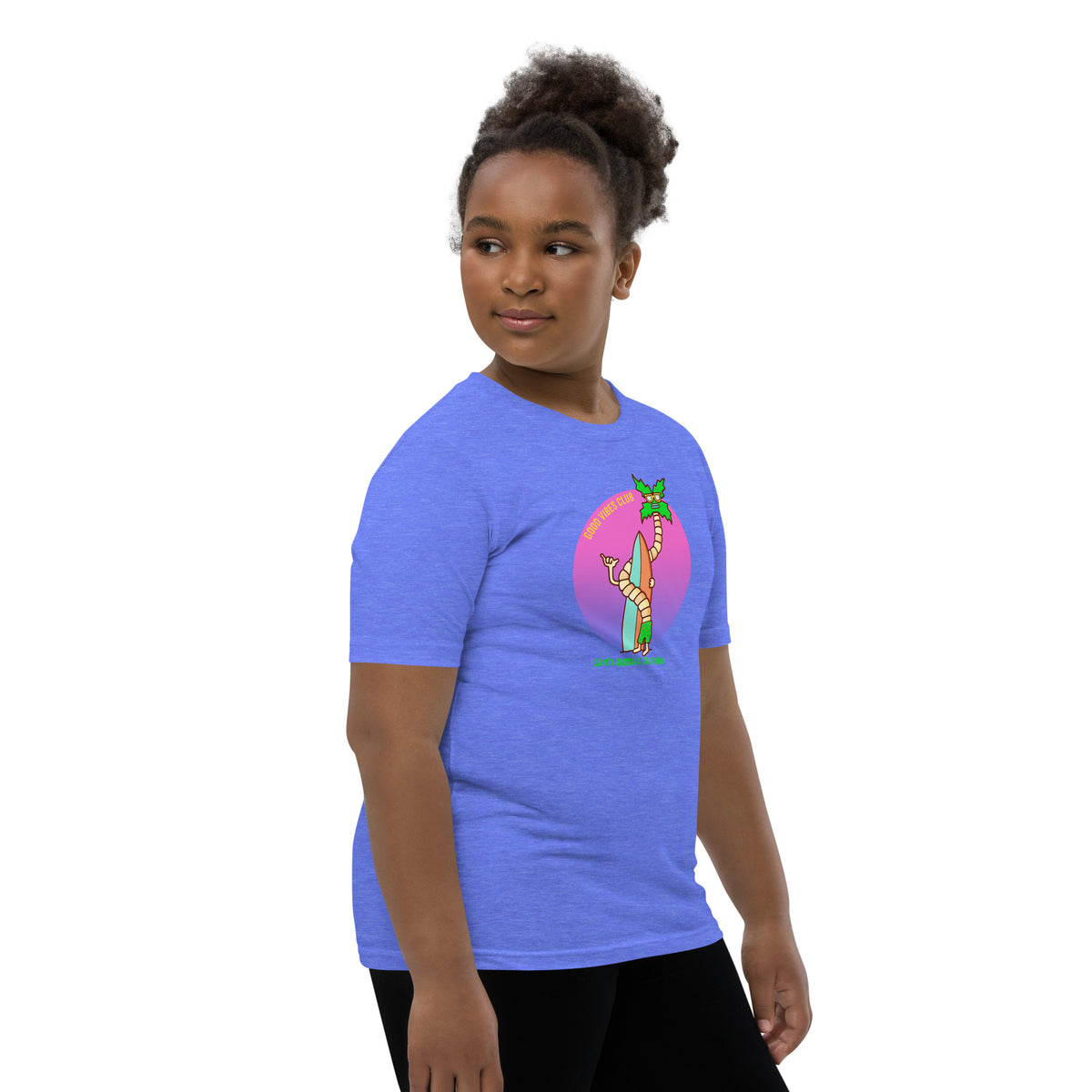 Playful hand-drawn California surf design on a kids graphic t-shirt
