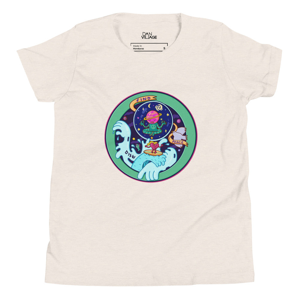 Character-driven popwhimsy artwork on a calm Find Peace t-shirt for kids