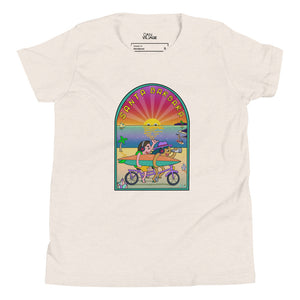 Santa Barbara Life California Sunset bikes Surfing ocean and beach happy bright  Youth Short Sleeve T-Shirt