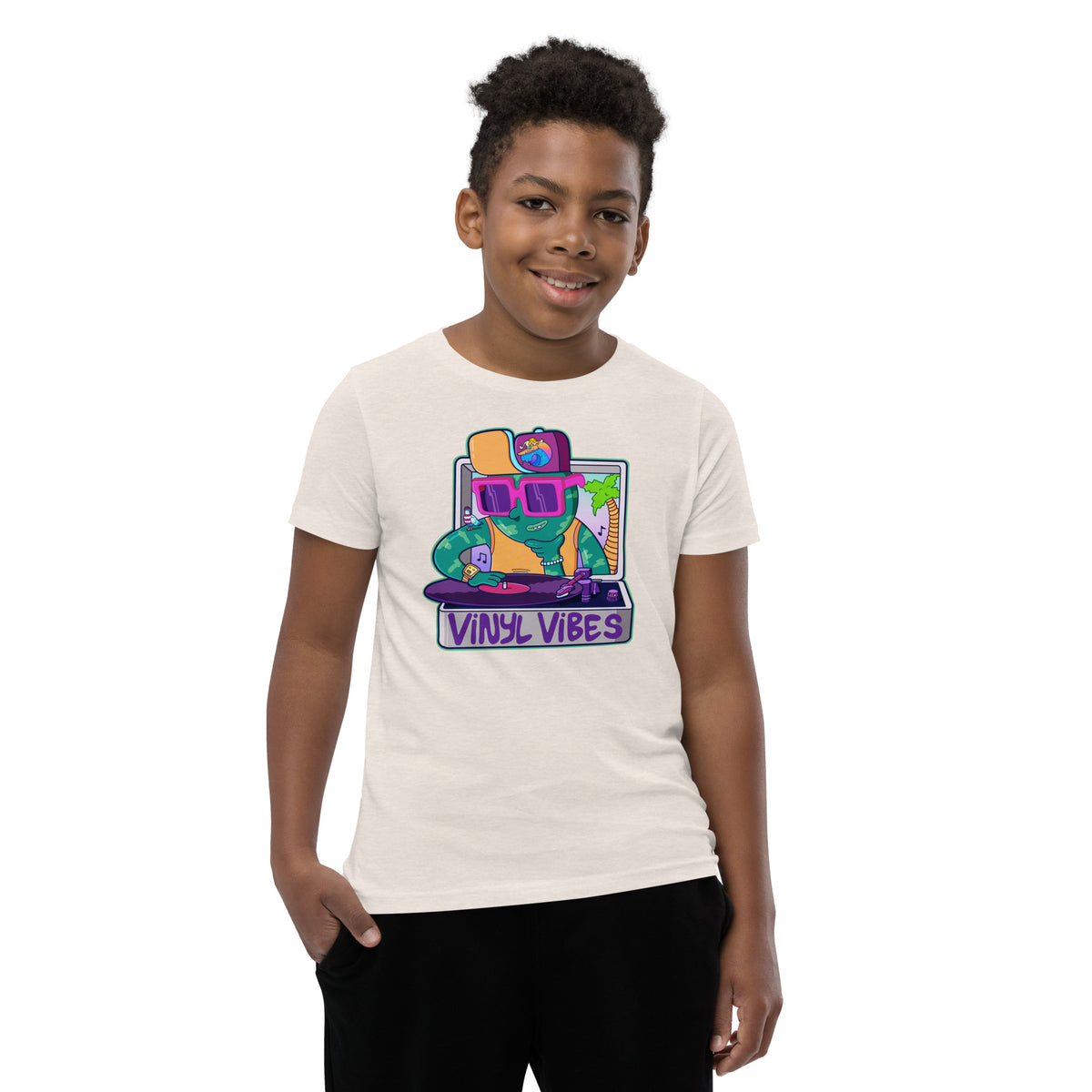 Gift-ready illustrated youth tee for young record fans, featuring a bold turntable design