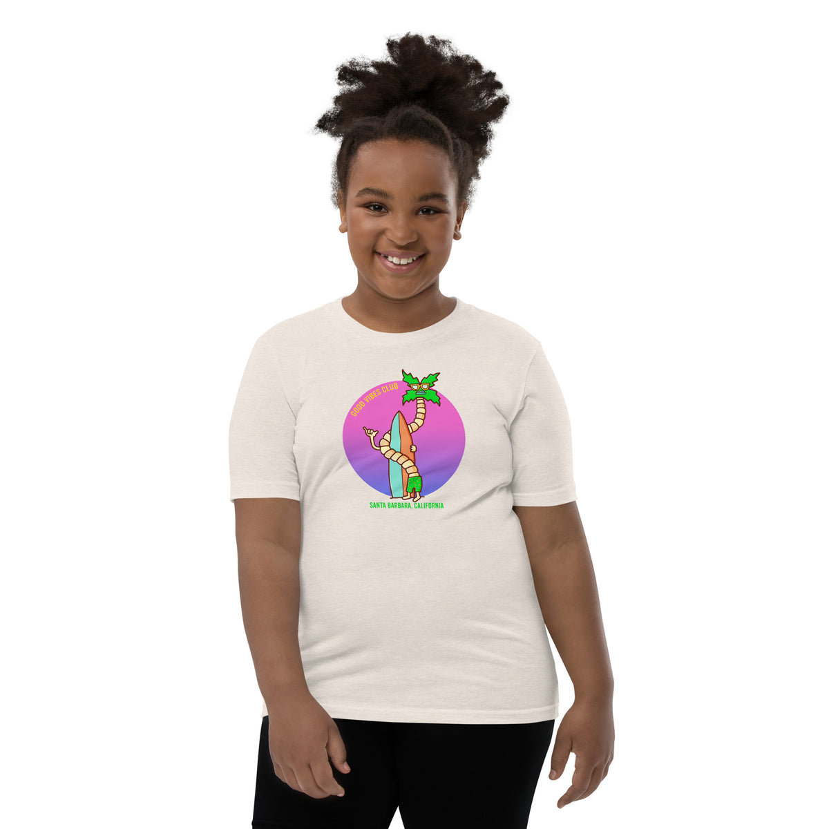 Original hand-drawn surf and palm illustration on a bright kids t-shirt