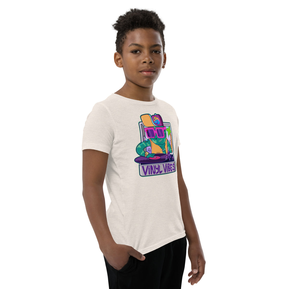 Vinyl Vibes illustrated youth tee, an original hand-drawn record player illustration