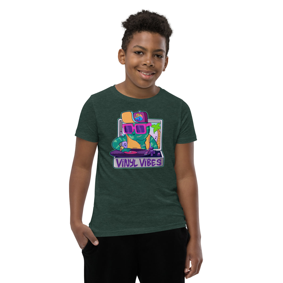 Vinyl Vibes youth t-shirt, an original illustrated record player design