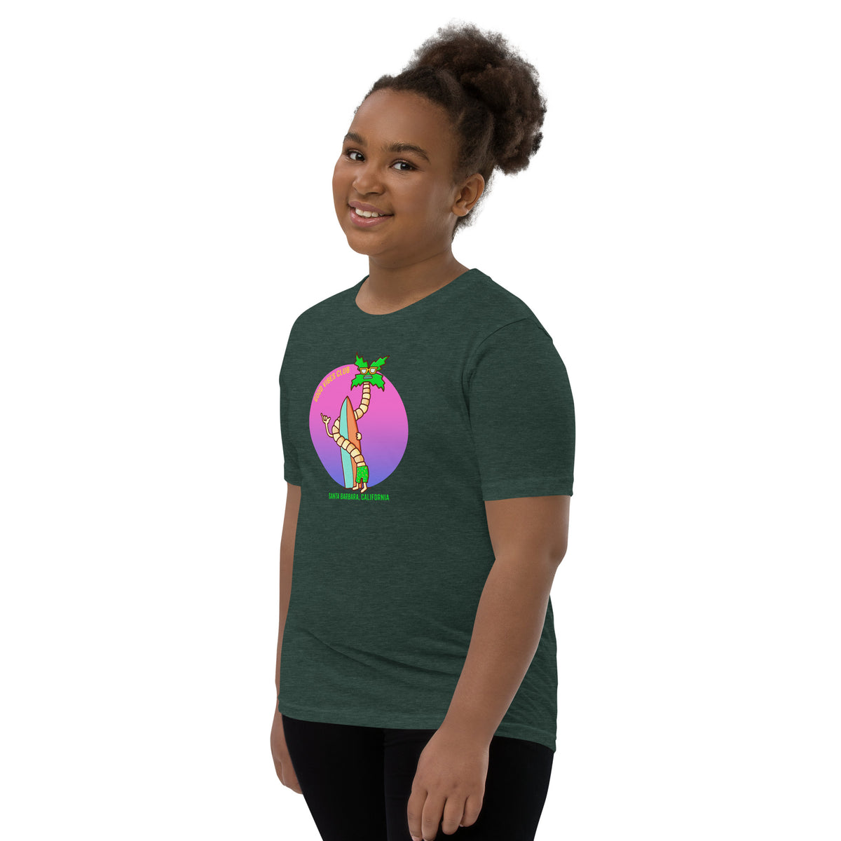 Coastal California kids shirt with hand-drawn palms, sun and surfboards