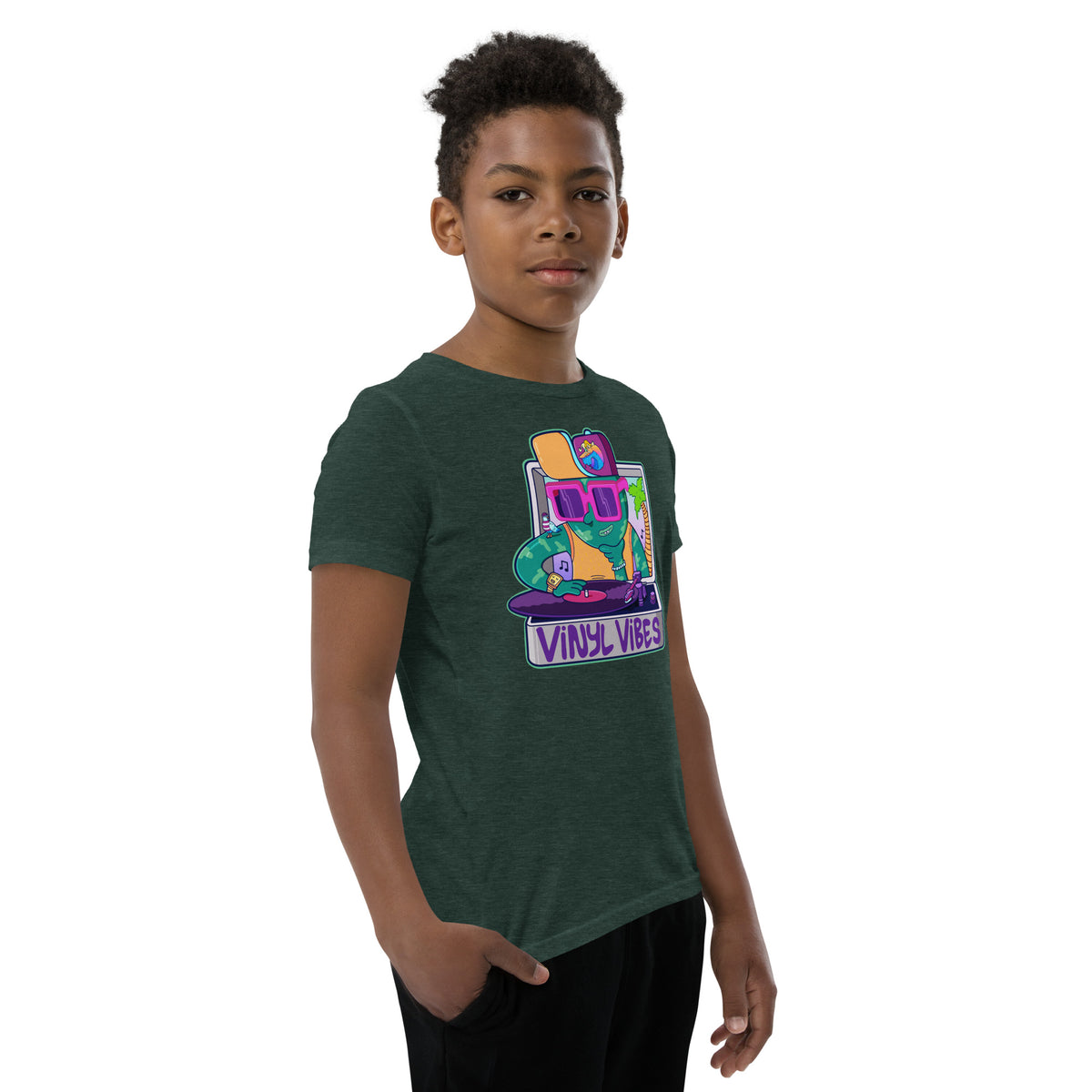 Gift-ready illustrated youth tee for kids raised on records, featuring a bold turntable design