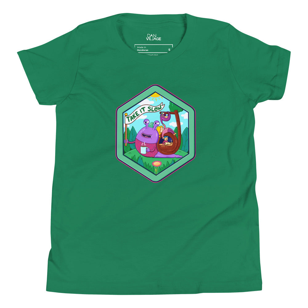 Youth t-shirt with a playful sloth and snail illustration for slow-moving mornings