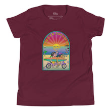 Load image into Gallery viewer, Santa Barbara Life California Sunset bikes Surfing ocean and beach happy bright  Youth Short Sleeve T-Shirt