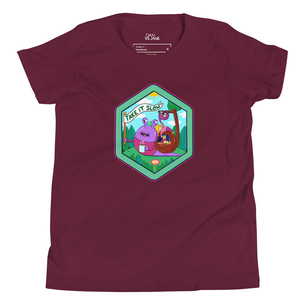 Take It Slow kids t-shirt drawn in warm Danvillage colours by Daniel Sulzberg