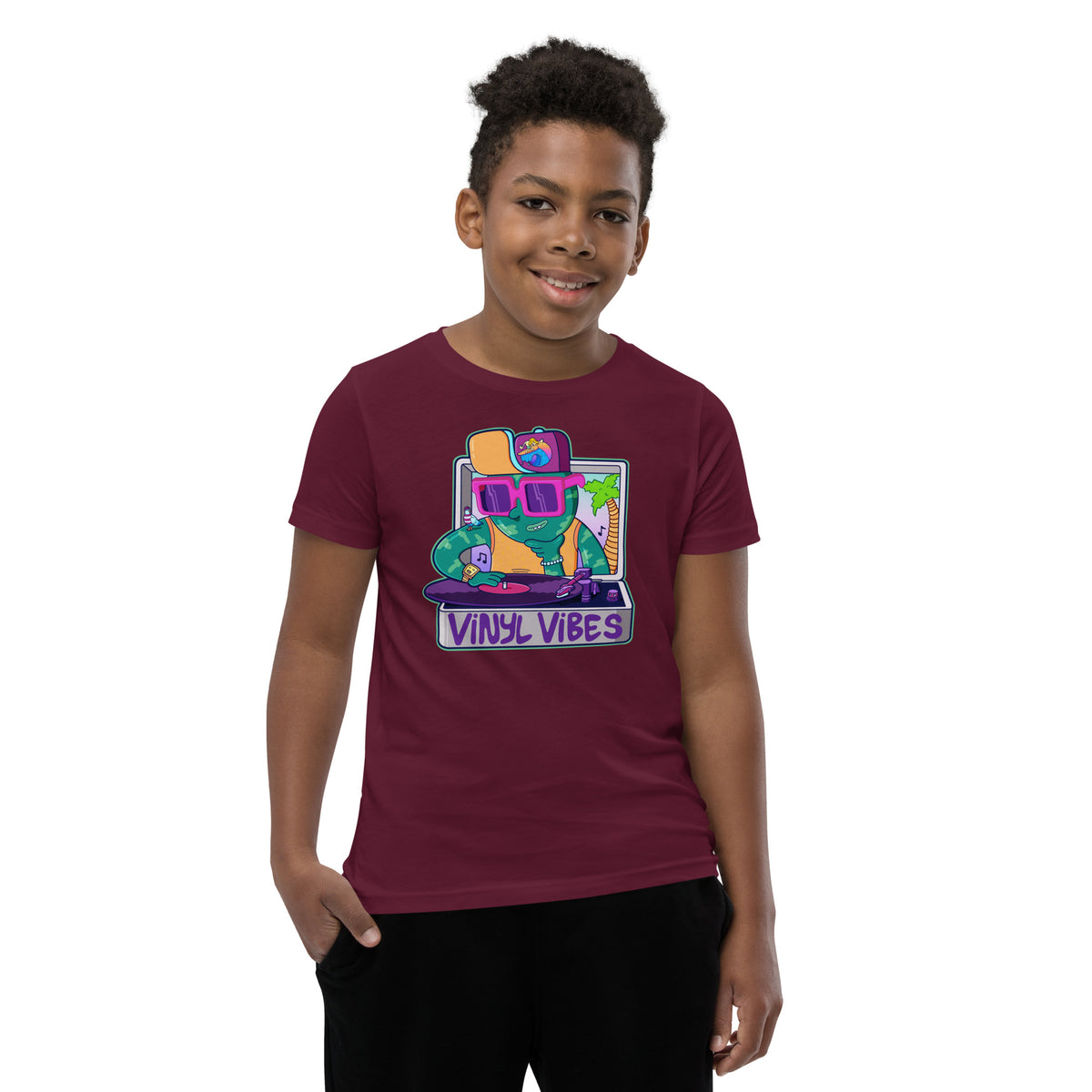 Vinyl Vibes graphic t-shirt for kids, an original illustrated record player design
