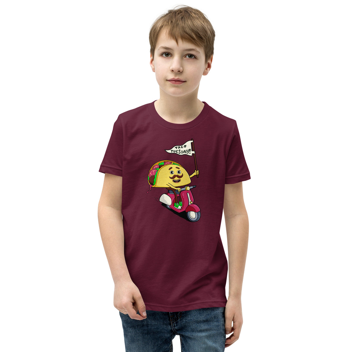 Youth t-shirt with an illustrated taco design, made for taco-loving kids