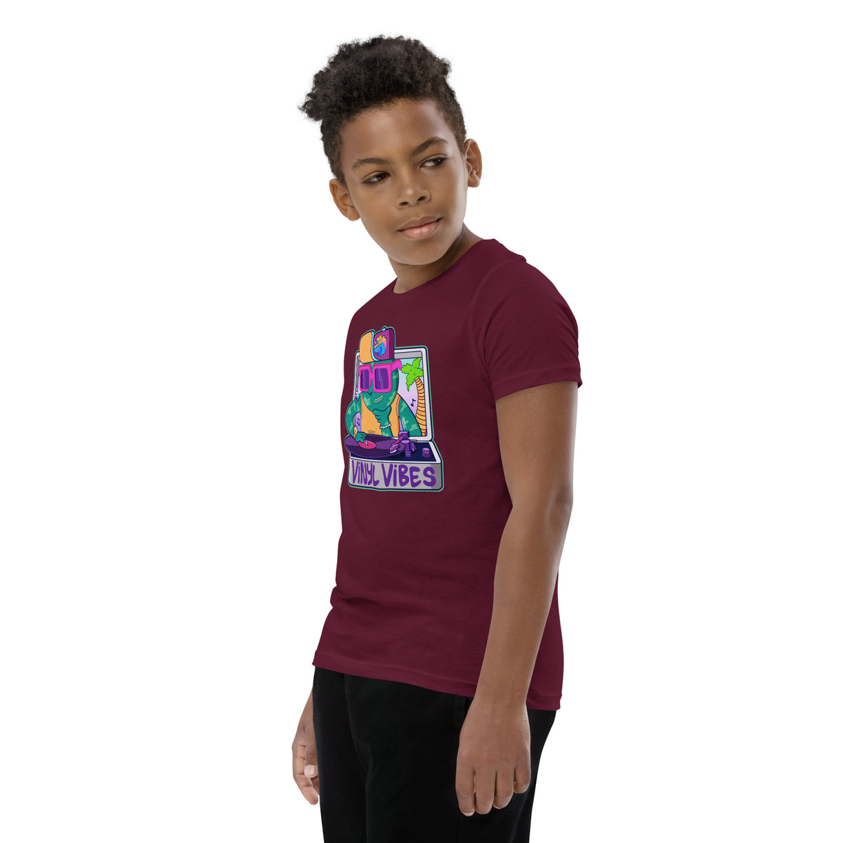 Youth t-shirt with a bold turntable design, made for young record fans by Santa Barbara illustrator Daniel Sulzberg