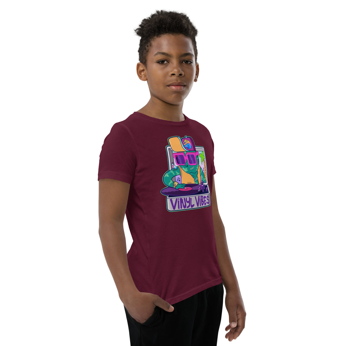 Gift-ready illustrated youth tee for kids raised on records, featuring a retro record player graphic