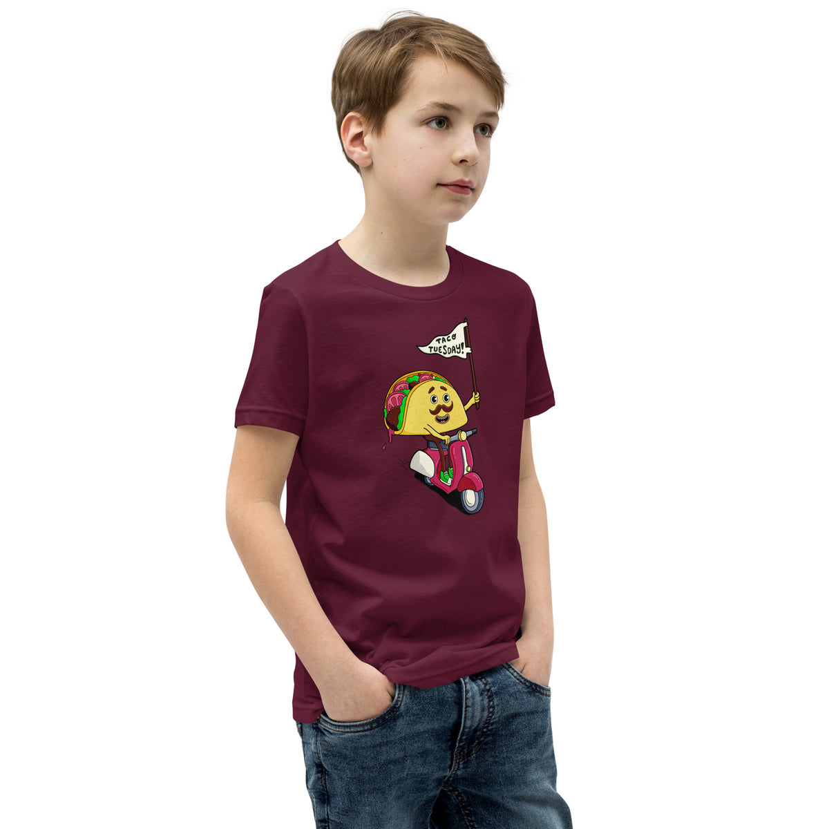 Illustrated youth tee featuring a hand-drawn taco illustration by Santa Barbara illustrator Daniel Sulzberg