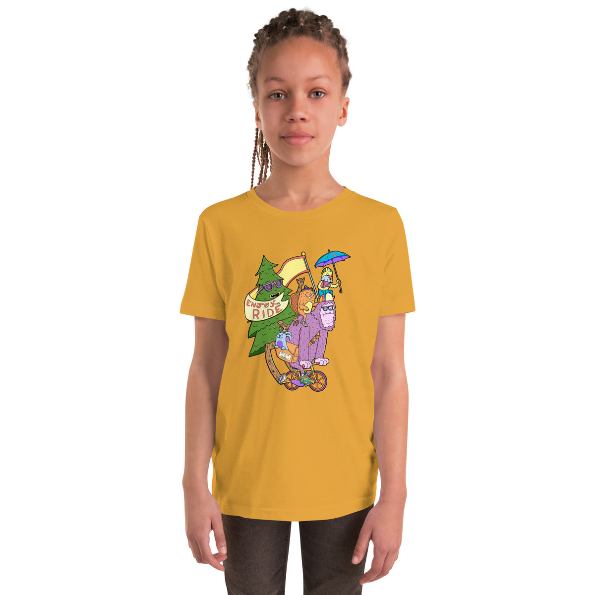 Youth cycling tee with an original cryptid character by illustrator Daniel Sulzberg