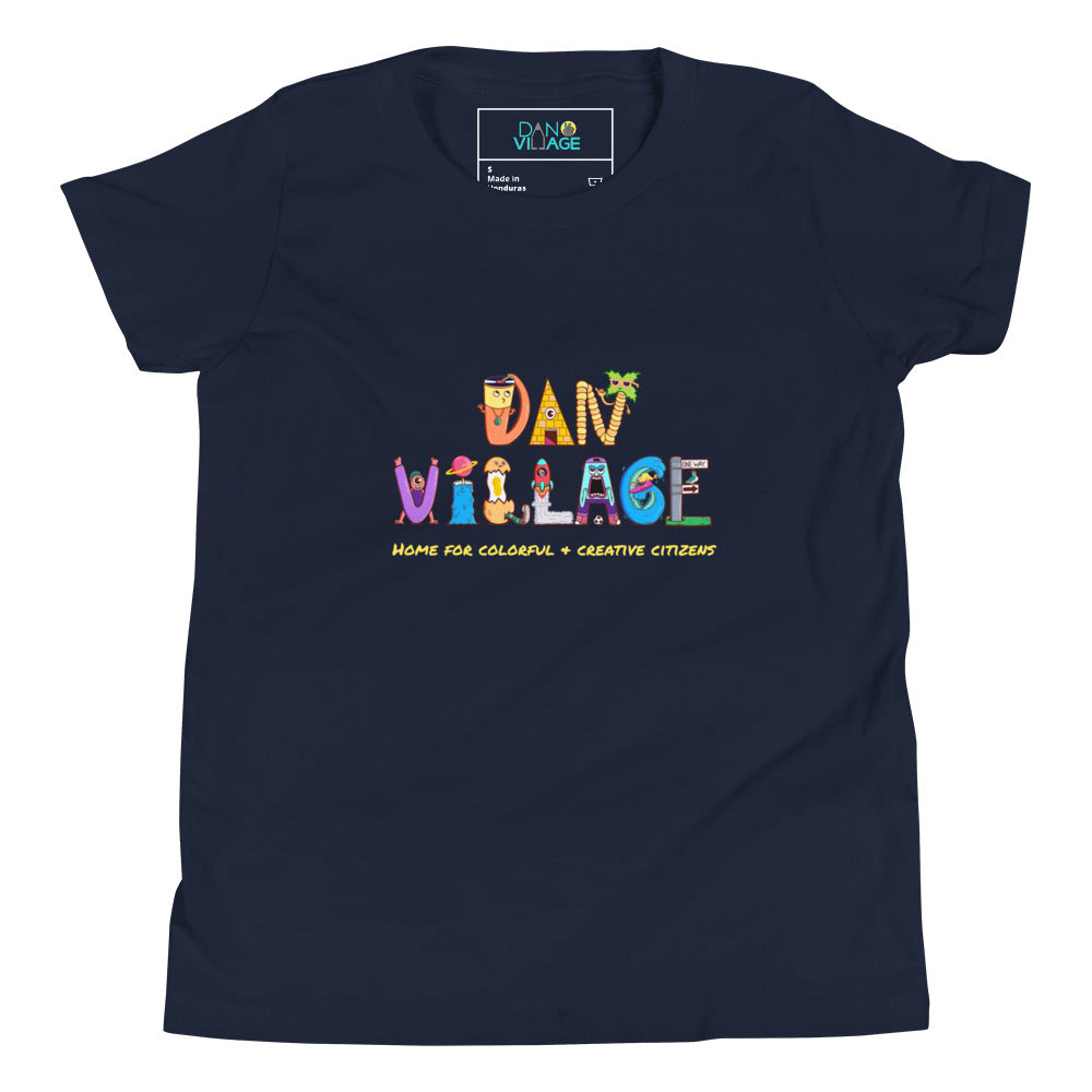 Colourful Danvillage character logo tee for kids who like original illustrated designs